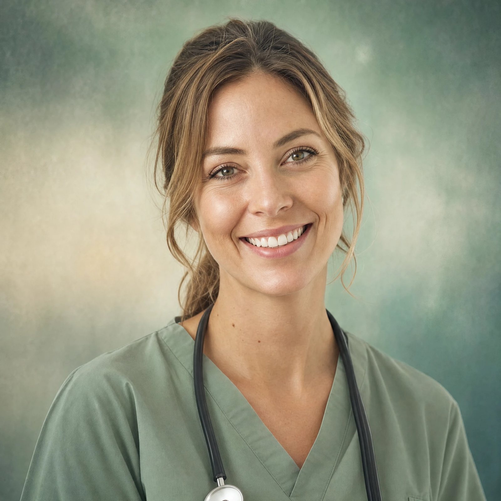 A smiling clinician in scrubs