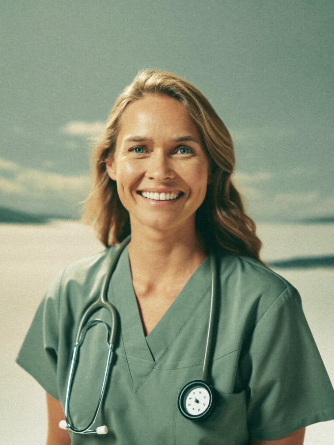 Portrait of a smiling registered nurse in teal scrubs with a stethoscope.